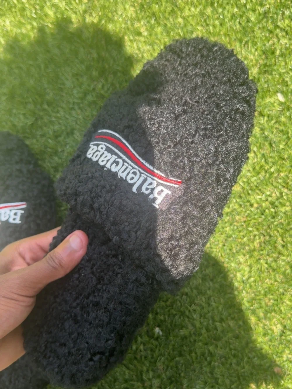 Balenciaga Black Fuzzy Logo Slippers with Red & White Accent
